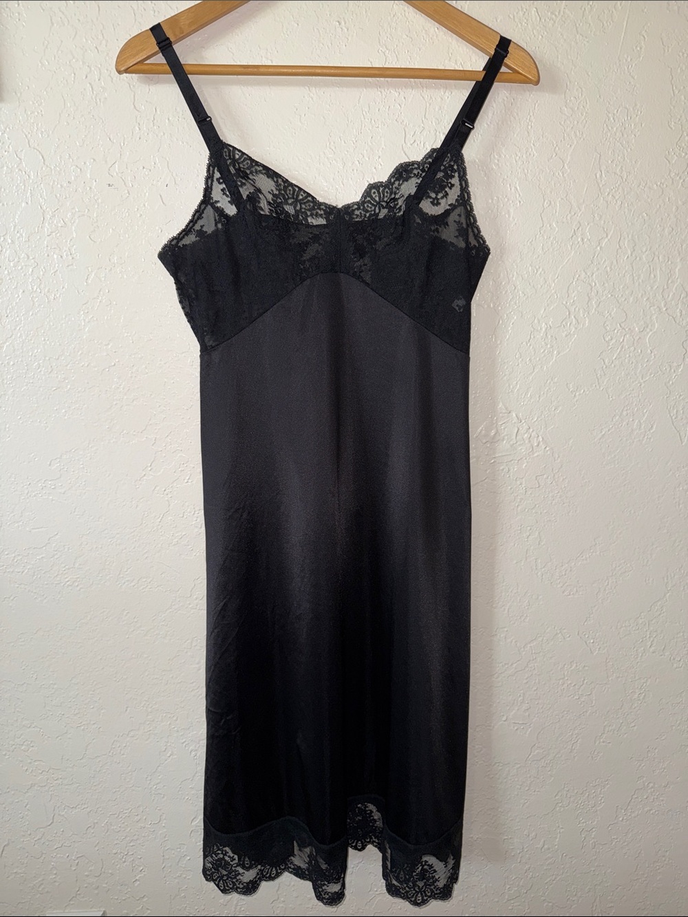Vintage 70s Shadowline Nylon Lace Midi Slip Dress Sheer Lace Bust Black 36 Tall